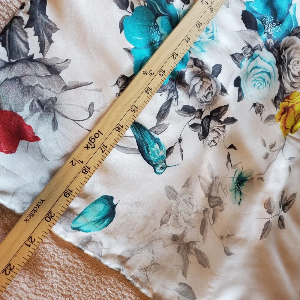 Vintage 100% Silk Rectangular Scarf Floral Bird Print Teal Red White 68x20